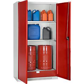 Armoire pour le stockage d'huile et de liquides dangereux Schäfer Shop Select, pour 2 fûts de 60 l et 8 bidons de 20 l, l. 1055 x P 520 x H 1950 mm, gris clair/rouge rubis