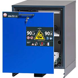 Asecos Akku-Ladeschrank Typ 90 ION-CHARGE-90, Unterbauschrank, Schublade mit 2 Auszugsebenen, B 593 x T 574 x H 780 mm, Anthrazitgrau/Enzianblau