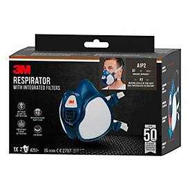 Atemschutzmaske 3M 4251+, Typ A1P2, gegen organische Dämpfe, mit integrierten Filtern und Ventilen, wiederverwendbar, blau-weiß, 1 Stück