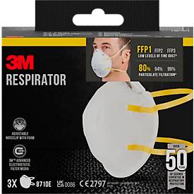 Atemschutzmaske 3M 8710E, Einweg, Typ Partikelmaske FFP1, EN 149:2001 + A1:2009, ohne Ventil, Polypropylen, weiß, 3 Stück