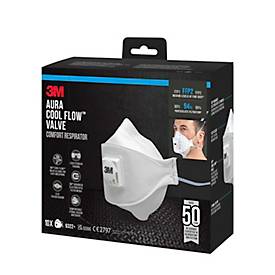 Atemschutzmaske 3M Aura™ Cool Flow™ 9322+, Typ FFP2, 94 % Partikelfilterung, mit Ventil, 3-teiliges Design, flach faltbar, weiß, 10 Stück