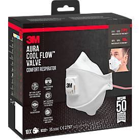 Atemschutzmaske 3M Aura Cool Flow 9332+, Einweg, Typ Partikelmaske FFP3, EN 149:2001 + A1:2009, mit Ventil, Polypropylen, weiß, 10 Stück
