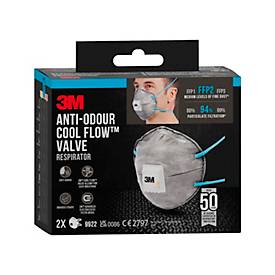 Atemschutzmaske 3M Cool Flow™ 9922, Typ FFP2, 94 % Partikelfilterung, geruchshemmend, mit Ventil, grau, 2 Stück