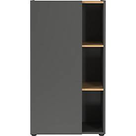 Athen stellingkast, 3 vakken, 2 legplanken, 1 greeploze deur, 5 glijders, B 610 x D 340 x H 1100 mm, hout, grafiet/Navarra eik