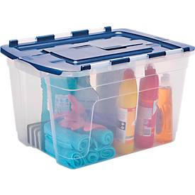 Aufbewahrungsbox Fellowes BANKERS BOX, Volumen 55 l, stapelbar, geteilter Scharnierdeckel, L 590 x B 430 x H 350 mm, Polypropylen, transparent-dunkelblau