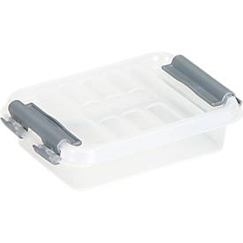 Aufbewahrungsbox Sunware Q-LINE, Verschlussclips, transparent, stapelbar, 0,2 l, L 118 x B 77 x H 30 mm, grau