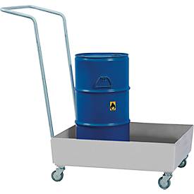 Auffangwanne ASECOS, Stahl, fahrbar, 60 l Auffangvolumen, B 635 x T 810 x H 980 mm, lackiert o. verzinkt
