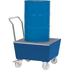 Auffangwanne ASECOS, Stahl, fahrbar, mit Gitterrost, 200 l Auffangvolumen, B 815 x T 1020 x H 1135 mm, lackiert o. verzinkt