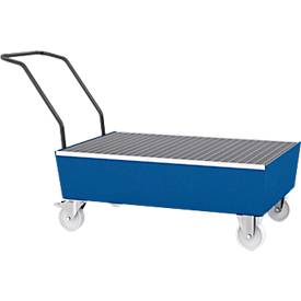 Auffangwanne ASECOS, Stahl, fahrbar, mit Gitterrost, 200 l Auffangvolumen, B 850 x T 1450 x H 1150 mm, lackiert