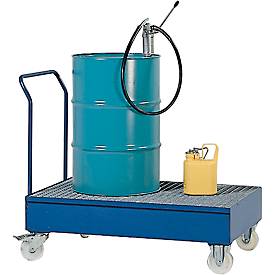 Auffangwanne ASECOS, Stahl, fahrbar, mit Gitterrost, 200 l Auffangvolumen, B 850 x T 1450 x H 1150 mm, lackiert o. verzinkt