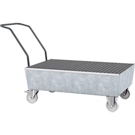 Auffangwanne ASECOS, Stahl, fahrbar, mit Gitterrost, 200 l Auffangvolumen, B 850 x T 1450 x H 1150 mm, verzinkt