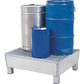 Auffangwanne ASECOS, Stahl, mit Gitterrost u. Sockelfüßen, 60 l Auffangvolumen, B 635 x T 785 x H 268 mm, lackiert o. verzinkt