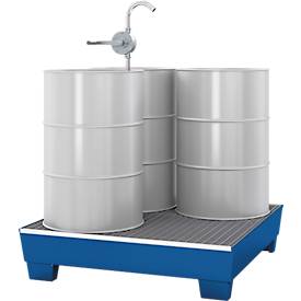 Auffangwanne ASECOS, Stahl, mit Gitterrost u. Staplerschuhen, 200 l Auffangvolumen, B 1210 x T 1240 x H 285 mm, lackiert