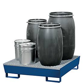 Auffangwanne ASECOS, Stahl, mit Gitterrost u. Staplerschuhen, 200 l Auffangvolumen, B 1210 x T 1240 x H 285 mm, lackiert o. verzinkt