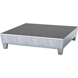 Auffangwanne ASECOS, Stahl, mit Gitterrost u. Staplerschuhen, 200 l Auffangvolumen, B 1210 x T 1240 x H 285 mm, verzinkt