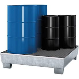 Auffangwanne ASECOS, Stahl, mit Gitterrost u. Staplerschuhen, 200 l Auffangvolumen, B 1210 x T 1240 x H 285 mm, verzinkt