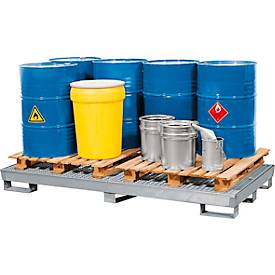Auffangwanne ASECOS, Stahl, mit Gitterrost u. Staplerschuhen, 340 l Auffangvolumen, B 1210 x T 2455 x H 250 mm, verzinkt