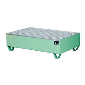Auffangwanne, für 2 Fässer à 200 l, mit verzinktem Gitterrost, L 1200 x B 800 x H 360 mm, unterfahrbar, Stahl, resed.grün RAL 6011