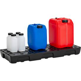 Auffangwanne für Kleingebinde CEMO 10/4, Volumen 21 l, für Regalfachmaß 1000 x 400 mm, mit Gitterrost, mit Zulassung, stapelbar, Polyethylen, schwarz