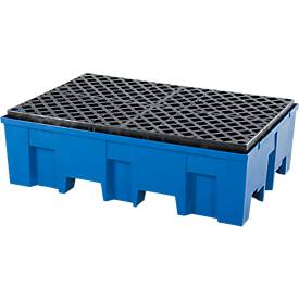 Auffangwanne, für 2 Fässer à 200 l, unterfahrbar, B 865 x T 1245 x H 350 mm, mit oder ohne Gitterrost, Polyethylen, blau