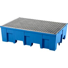 Auffangwanne, für 2 Fässer à 200 l, unterfahrbar, B 865 x T 1245 x H 350 mm, mit verzinktem Gitterrost