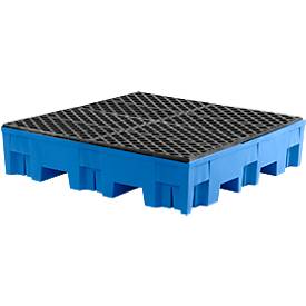 Auffangwanne, unterfahrbar, 4 x 200 Liter Fässer, Volumen 285 L, Gitterrost PE