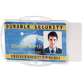 Ausweishalter Durable, für 2 Karten im Hoch-/Querformat, mit Befestigungslaschen, B 95 x H 70 mm, Polystyrol, transparent, 10 Stück