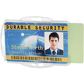 Ausweishalter Durable, für 2 Karten im Hoch-/Querformat, mit Befestigungslaschen, B 95 x H 70 mm, Polystyrol, transparent, 10 Stück