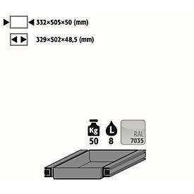 Auszugswanne Entsorgung für asecos Sicherheitsschränke der Q30, Q90, S90, K90 Serie, Stahlblech, lichtgrau, B 332 x T 505 x H 50 mm, 7,5 l, bis 50 kg
