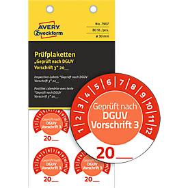Avery Zweckform 7907 Prüfplaketten „DGUV Vorschrift 3“ 20__zum Selbereintragen, extrem robust, Ø 30 mm, 80 Stück/10 Bogen, Vinylfolie, rot