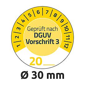 Avery Zweckform 7908 Prüfplaketten „DGUV Vorschrift 3“ 20__zum Selbereintragen, extrem robust, Ø 30 mm, 80 Stück/10 Bogen, Vinylfolie, gelb