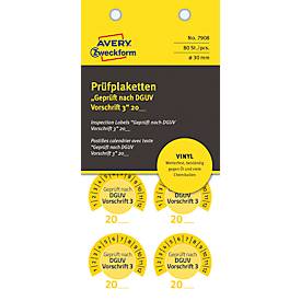 Avery Zweckform 7908 Prüfplaketten „DGUV Vorschrift 3“ 20__zum Selbereintragen, extrem robust, Ø 30 mm, 80 Stück/10 Bogen, Vinylfolie, gelb