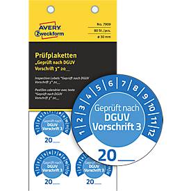 Avery Zweckform 7909 Prüfplaketten „DGUV Vorschrift 3“ 20__ zum Selbereintragen, extrem robust, Ø 30 mm, 80 Stück/10 Bogen, Vinylfolie, blau