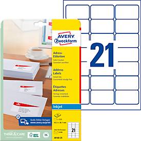 Avery Zweckform Adressetiketten J8160-25, geeignet für Inkjetdrucker, 63,5 x 38,1 mm, 525 Stück/25 A4-Bogen, 100 % FSC®-