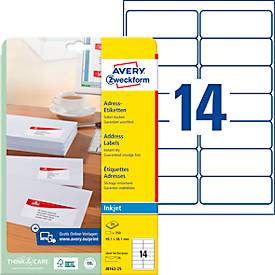 Avery Zweckform Adressetiketten J8163-25, geeignet für Inkjetdrucker, 99,1 x 38,1 mm, 350 Stück/25 A4-Bogen, 100 % FSC®-Papier, weiß