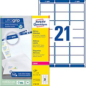 Avery Zweckform Adressetiketten L7160-100, mit ultragrip, geeignet für Laserdrucker, 63,5 x 38,1 mm, 2100 Stück/100 A4-Bogen, 100 % FSC®-Papier, weiß