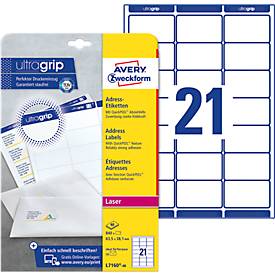 Avery Zweckform Adressetiketten L7160-40, mit ultragrip, geeignet für Laserdrucker, 63,5 x 38,1 mm, 840 Stück/40 A4-Bogen, 100 % FSC®-Papier, weiß
