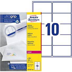 Avery Zweckform Adressetiketten L7173-100, mit ultragrip, geeignet für Laserdrucker, 99,1 x 57 mm, 1000 Stück/100 A4-Bogen, 100 % FSC®-Papier, weiß