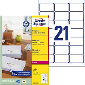 Avery Zweckform Adressetiketten LR7160-100, geeignet für Laserdrucker, 63,5 x 38,1 mm, 2100 Stück/100 A4-Bogen, Blauer Engel, Recyclingpapier, naturweiß