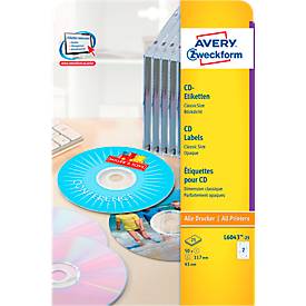Avery Zweckform CD-Etiketten L6043-25 ClassicSize, geeignet für Inkjet-& Laserdrucker, blickdicht, Ø 117 mm, 50 Stück/25