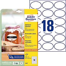 Avery® Zweckform Etiketten 5087, Format A4, ablösbar, druckergeeignet, 63,5 x 42,3 mm, 10 Bogen mit 180 Stück, FSC®-Papier, oval, weiß