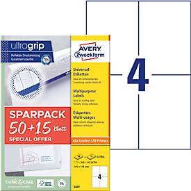 Avery Zweckform Etiketten 6601, universal, ultragrip, geeignet für Inkjet- & Laserdrucker, 105 x 148 mm, 260 Stück/65 A4-Bogen, FSC®-Papier, weiß