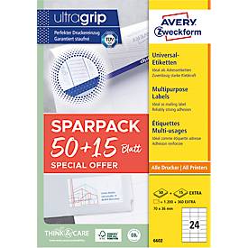 Avery Zweckform Etiketten 6602, universal, ultragrip, geeignet für Inkjet- & Laserdrucker, 70 x 36 mm, 1560 Stück/65 A4-Bogen, FSC®-Papier, weiß