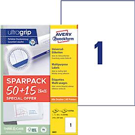 Avery Zweckform Etiketten 6603, universal, ultragrip, geeignet für Inkjet- & Laserdrucker, 210 x 297 mm, 65 Stück/65 A4-Bogen, FSC®-Papier, weiß
