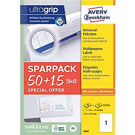 Avery Zweckform Etiketten 6603, universal, ultragrip, geeignet für Inkjet- & Laserdrucker, 210 x 297 mm, 65 Stück/65 A4-Bogen, FSC®-Papier, weiß