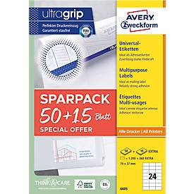 Avery Zweckform Etiketten 6605, universal, ultragrip, geeignet für Inkjet- & Laserdrucker, 70 x 37 mm, 1560 Stück/65 A4-Bogen, FSC®-Papier, weiß