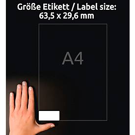 Avery Zweckform Etiketten L6114-20, fälschungssicher, extrem robust, 63,5 x 29,6 mm, 540 Stück/20 A4-Bogen, Folie, weiß