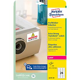 Avery Zweckform Etiketten L6141-20, extra stark haftend, geeignet für Laserdrucker, 63,5 x 33,9 mm, 480 Stück/20 A4-Bogen, Polyesterfolie, weiß