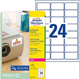 Avery Zweckform Etiketten L6141-20, extra stark haftend, geeignet für Laserdrucker, 63,5 x 33,9 mm, 480 Stück/20 A4-Bogen, Polyesterfolie, weiß