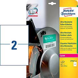 Avery Zweckform Etiketten L7916-10, ultraresistent, geeignet für Laserdrucker, 210 x 148 mm, 20 Stück/10 A4-Bogen, Polyethylen-Folie, weiß